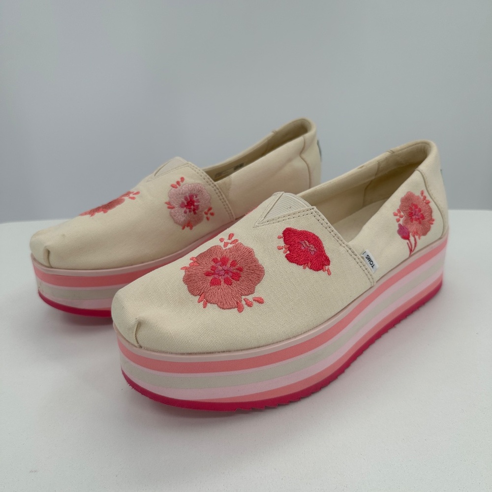 Toms Natural Canvas Platform Alpargata Sneakers with Pink Poppies Embroidered 9